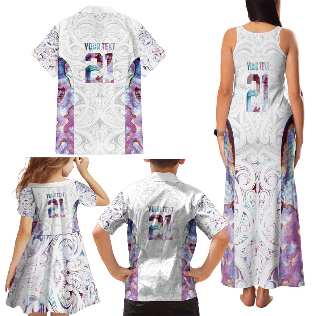 Custom New Zealand Aotearoa Family Matching Tank Maxi Dress and Hawaiian Shirt Pink Maori Paua Shell Indigenous - Polynesian Pride