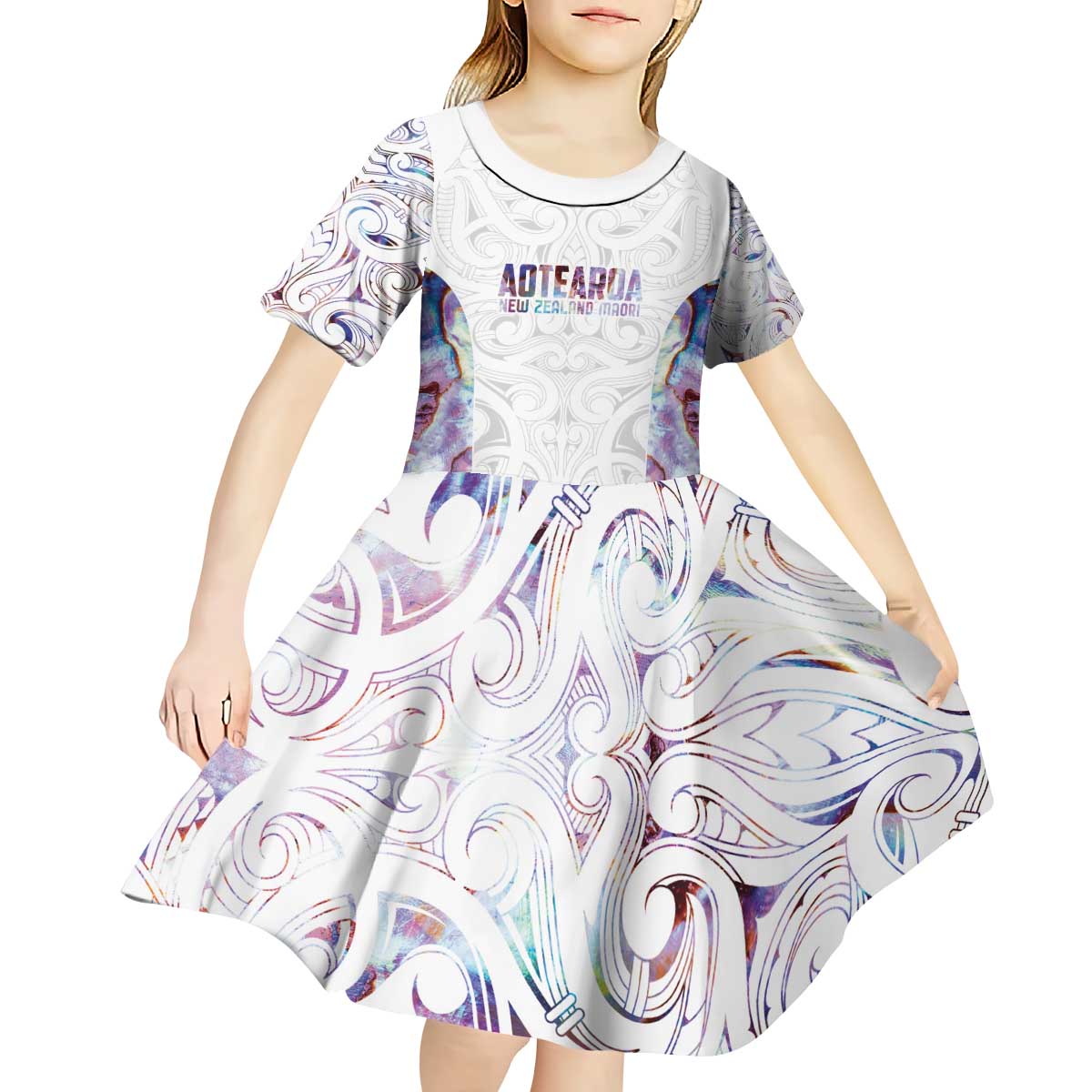 Custom New Zealand Aotearoa Kid Short Sleeve Dress Pink Maori Paua Shell Indigenous - Polynesian Pride