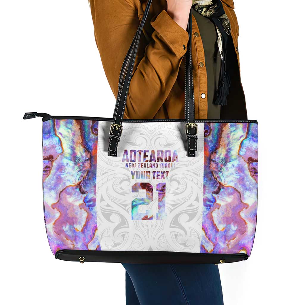 Custom New Zealand Aotearoa Leather Tote Bag Pink Maori Paua Shell Indigenous - Polynesian Pride