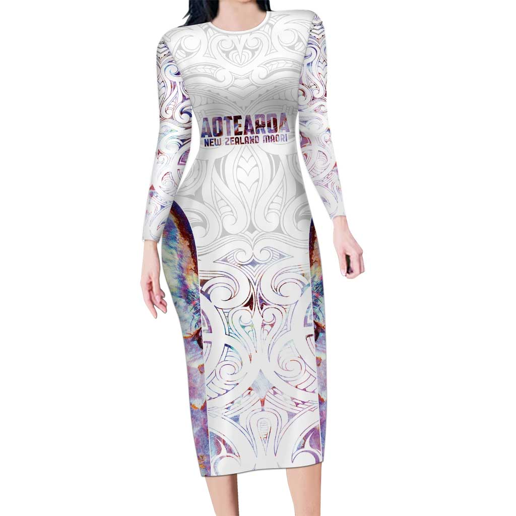 Custom New Zealand Aotearoa Long Sleeve Bodycon Dress Pink Maori Paua Shell Indigenous - Polynesian Pride