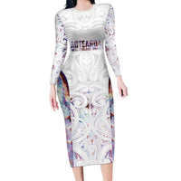 Custom New Zealand Aotearoa Long Sleeve Bodycon Dress Pink Maori Paua Shell Indigenous - Polynesian Pride