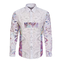 Custom New Zealand Aotearoa Long Sleeve Button Shirt Pink Maori Paua Shell Indigenous - Polynesian Pride