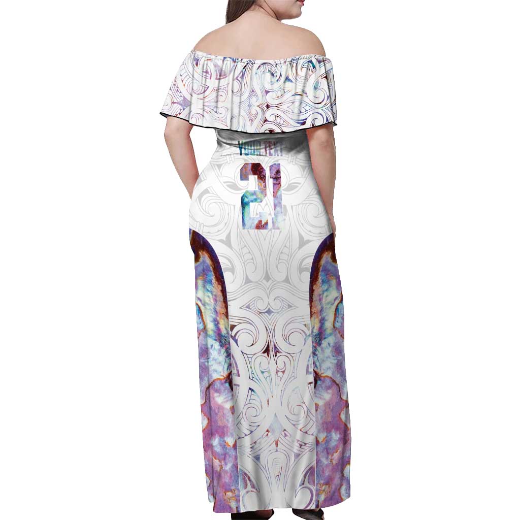 Custom New Zealand Aotearoa Off Shoulder Maxi Dress Pink Maori Paua Shell Indigenous - Polynesian Pride