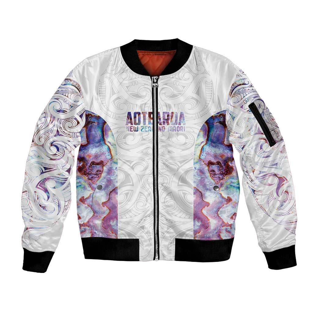 Custom New Zealand Aotearoa Sleeve Zip Bomber Jacket Pink Maori Paua Shell Indigenous - Polynesian Pride