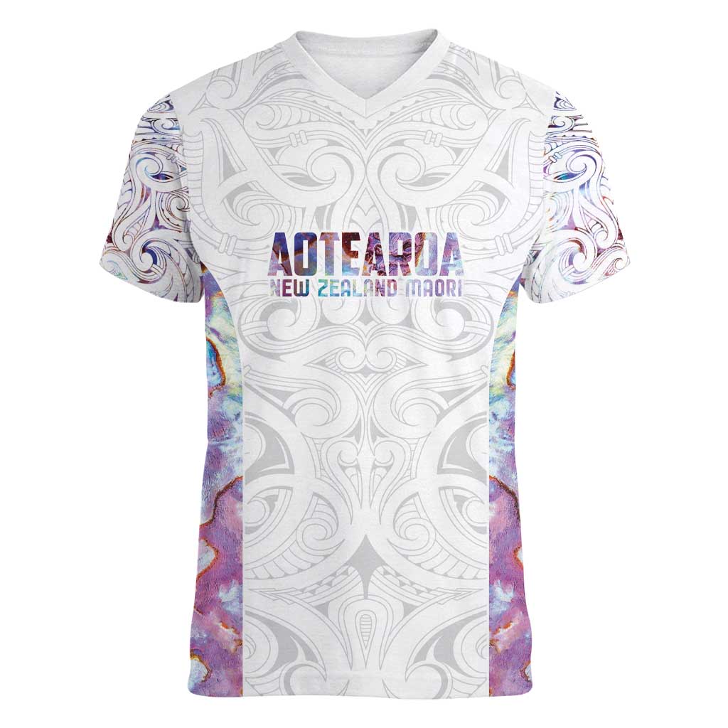 Custom New Zealand Aotearoa Women V-Neck T-Shirt Pink Maori Paua Shell Indigenous - Polynesian Pride