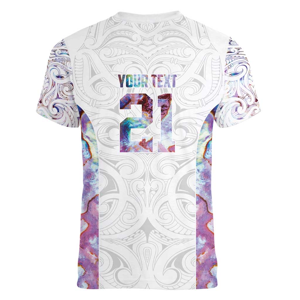 Custom New Zealand Aotearoa Women V-Neck T-Shirt Pink Maori Paua Shell Indigenous - Polynesian Pride