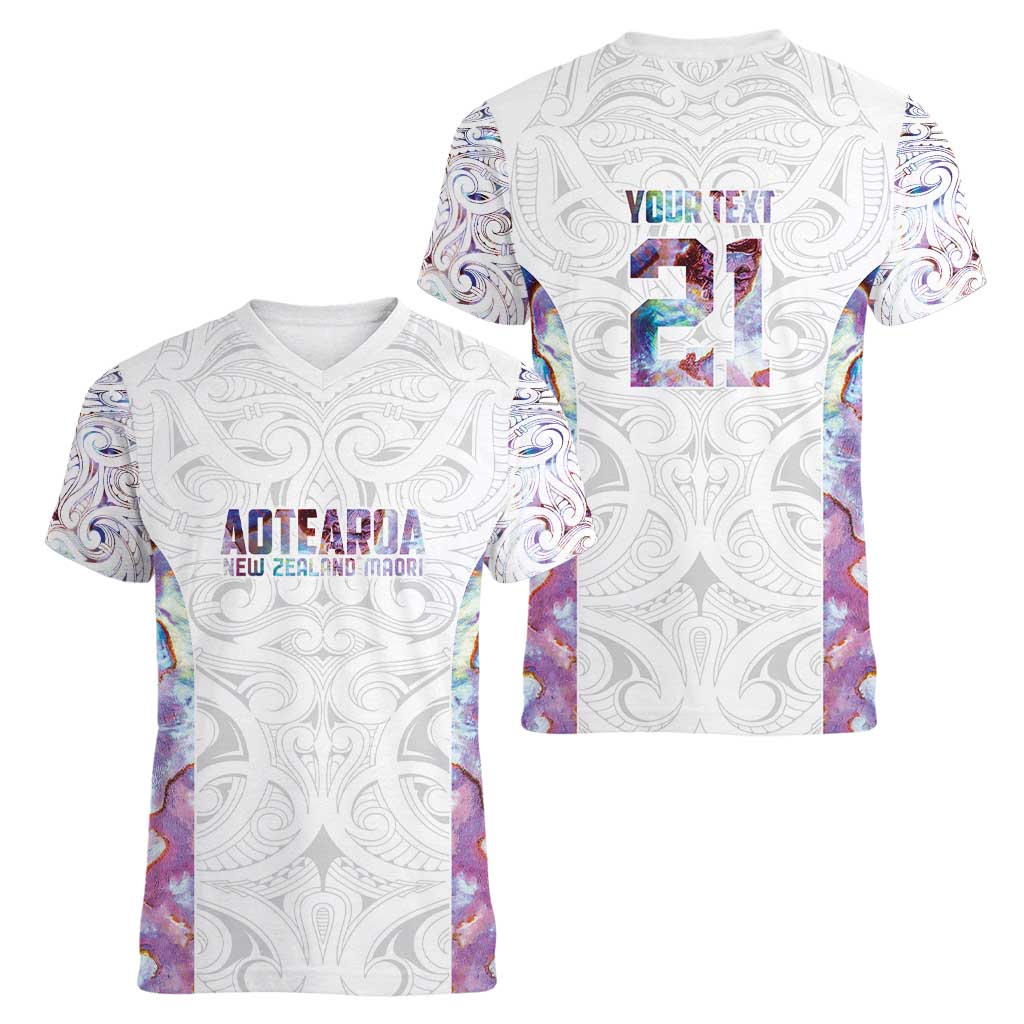 Custom New Zealand Aotearoa Women V-Neck T-Shirt Pink Maori Paua Shell Indigenous - Polynesian Pride