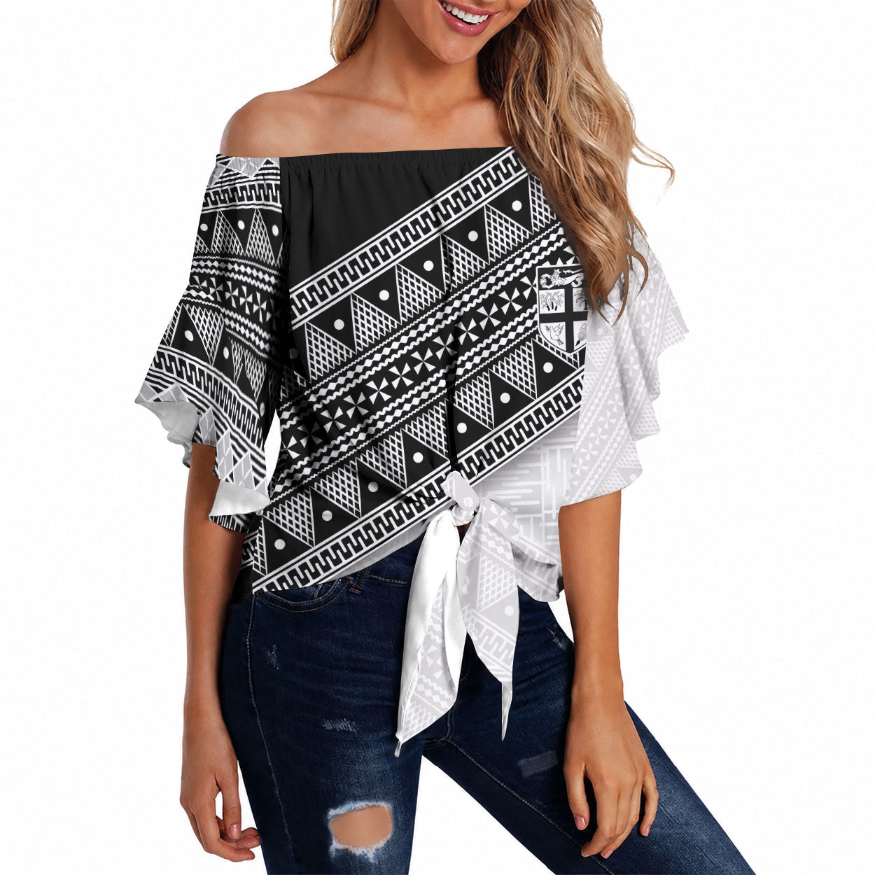 2026 Autumn Rugby Nations Fiji Custom Off Shoulder Wrap Waist Top Fijian Tapa Tribal Lauhala Inspired