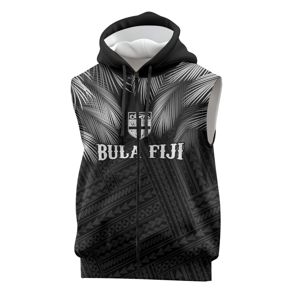 2026 Autumn Rugby Nations Fiji Custom Sleeveless Zip Hoodie Fijian Palm Leaf Tapa Tribal Inspired