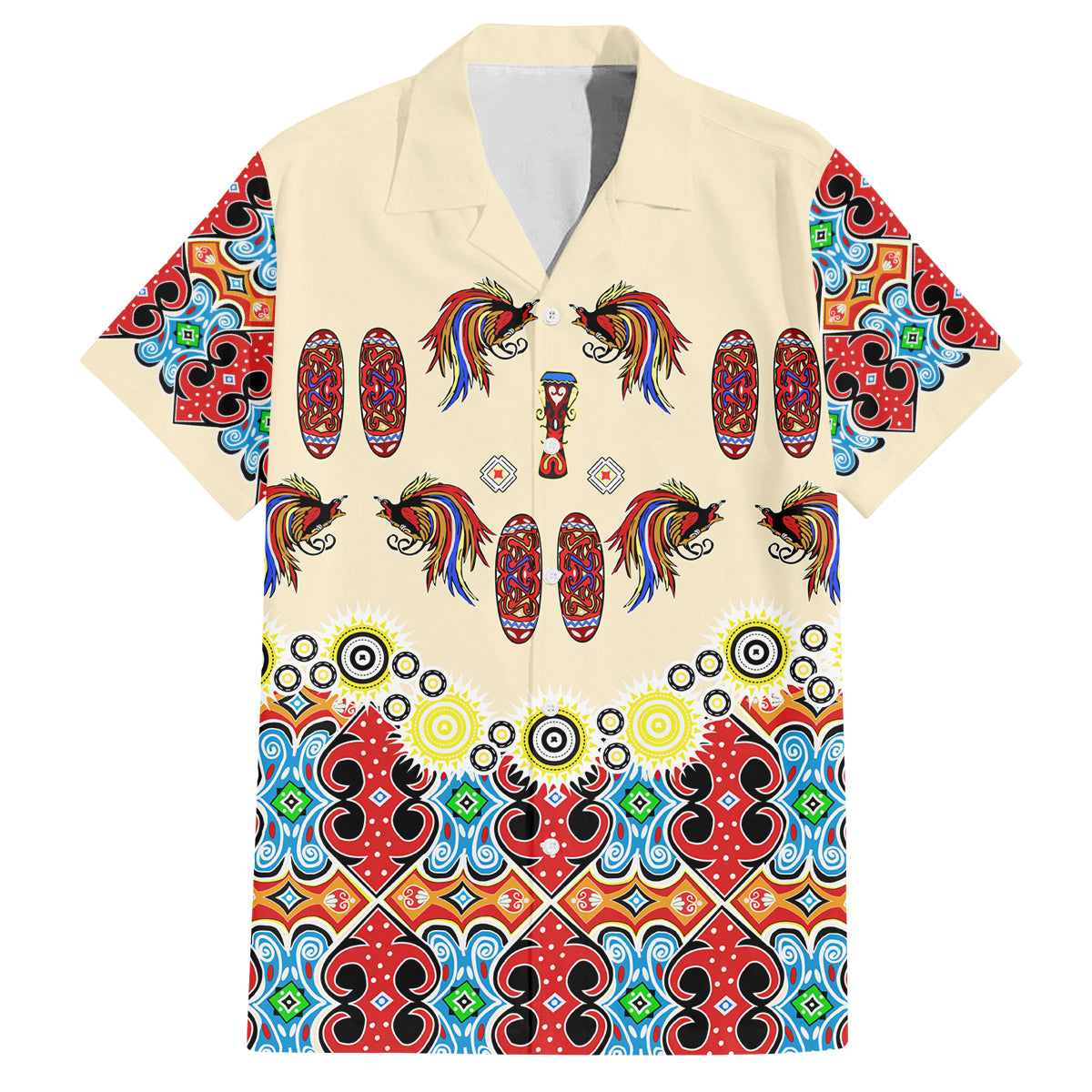 Papua Batik Motif Bird Of Paradise and Native Papuan Shield Family Matching Off Shoulder Short Dress and Hawaiian Shirt LT9 Dad's Shirt - Short Sleeve Beige - Polynesian Pride