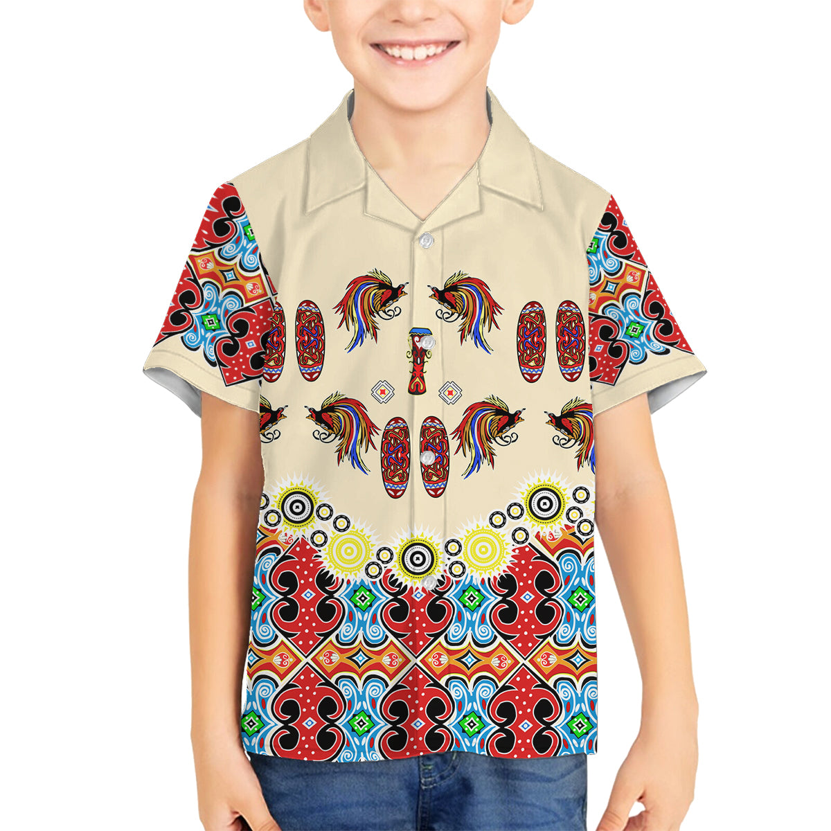 Papua Batik Motif Bird Of Paradise and Native Papuan Shield Family Matching Summer Maxi Dress and Hawaiian Shirt LT9 Son's Shirt Beige - Polynesian Pride