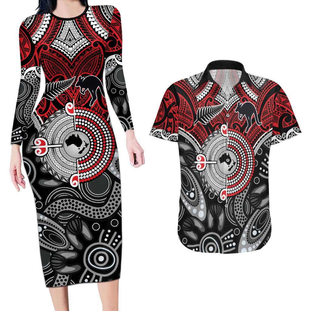 Aotearoa and Australia Couples Matching Long Sleeve Bodycon Dress and Hawaiian Shirt New Zealand Honour The Treaty Ake!Ake!Ake!