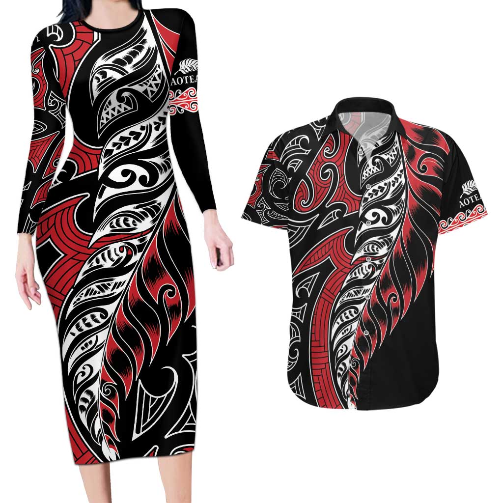 Koru Fern New Zealand Couples Matching Long Sleeve Bodycon Dress and Hawaiian Shirt Maori Tribal Pattern