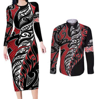 Koru Fern New Zealand Couples Matching Long Sleeve Bodycon Dress and Long Sleeve Button Shirt Maori Tribal Pattern