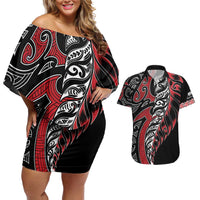 Koru Fern New Zealand Couples Matching Off Shoulder Short Dress and Hawaiian Shirt Maori Tribal Pattern