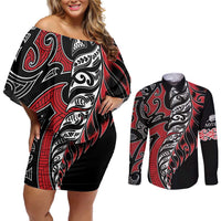 Koru Fern New Zealand Couples Matching Off Shoulder Short Dress and Long Sleeve Button Shirt Maori Tribal Pattern