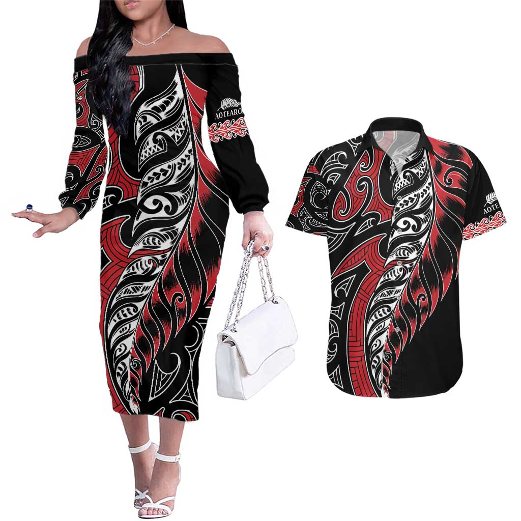 Koru Fern New Zealand Couples Matching Off The Shoulder Long Sleeve Dress and Hawaiian Shirt Maori Tribal Pattern