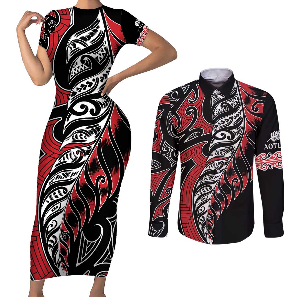 Koru Fern New Zealand Couples Matching Short Sleeve Bodycon Dress and Long Sleeve Button Shirt Maori Tribal Pattern