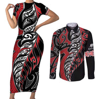 Koru Fern New Zealand Couples Matching Short Sleeve Bodycon Dress and Long Sleeve Button Shirt Maori Tribal Pattern