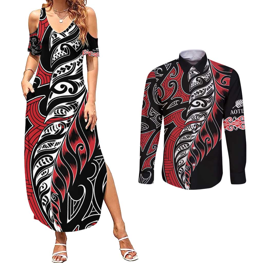 Koru Fern New Zealand Couples Matching Summer Maxi Dress and Long Sleeve Button Shirt Maori Tribal Pattern