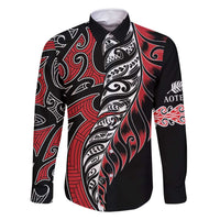 Koru Fern New Zealand Family Matching Summer Maxi Dress and Hawaiian Shirt Maori Tribal Pattern LT9 Dad's Shirt - Long Sleeve Red - Polynesian Pride