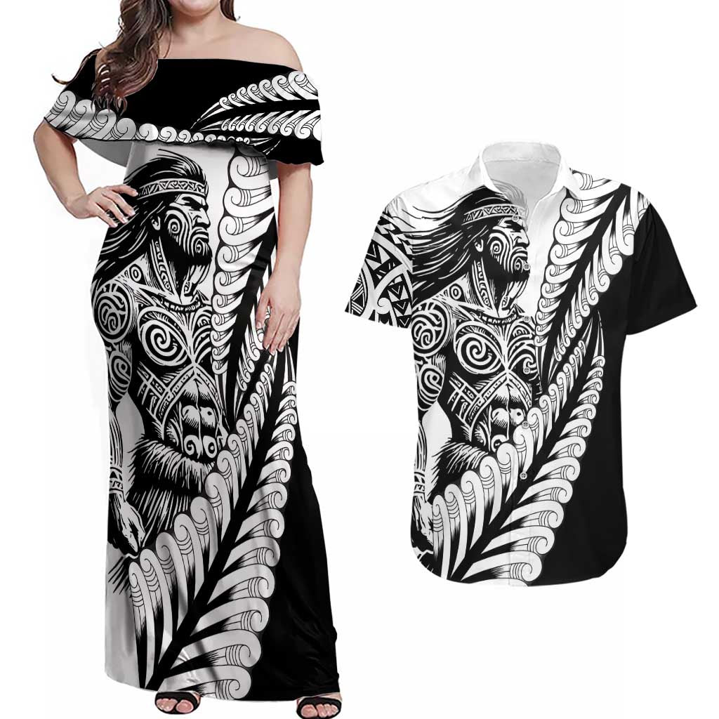 Koru Fern New Zealand Maori Tribal Warrior Couples Matching Off Shoulder Maxi Dress and Hawaiian Shirt