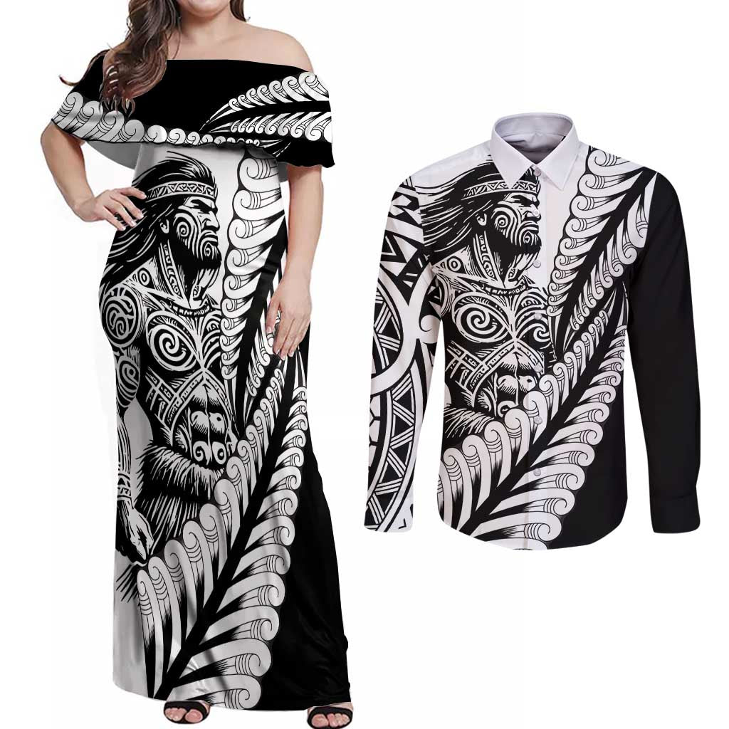 Koru Fern New Zealand Maori Tribal Warrior Couples Matching Off Shoulder Maxi Dress and Long Sleeve Button Shirt