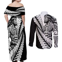 Koru Fern New Zealand Maori Tribal Warrior Couples Matching Off Shoulder Maxi Dress and Long Sleeve Button Shirt