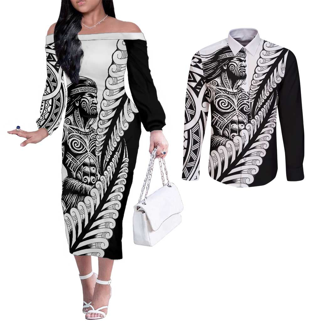 Koru Fern New Zealand Maori Tribal Warrior Couples Matching Off The Shoulder Long Sleeve Dress and Long Sleeve Button Shirt