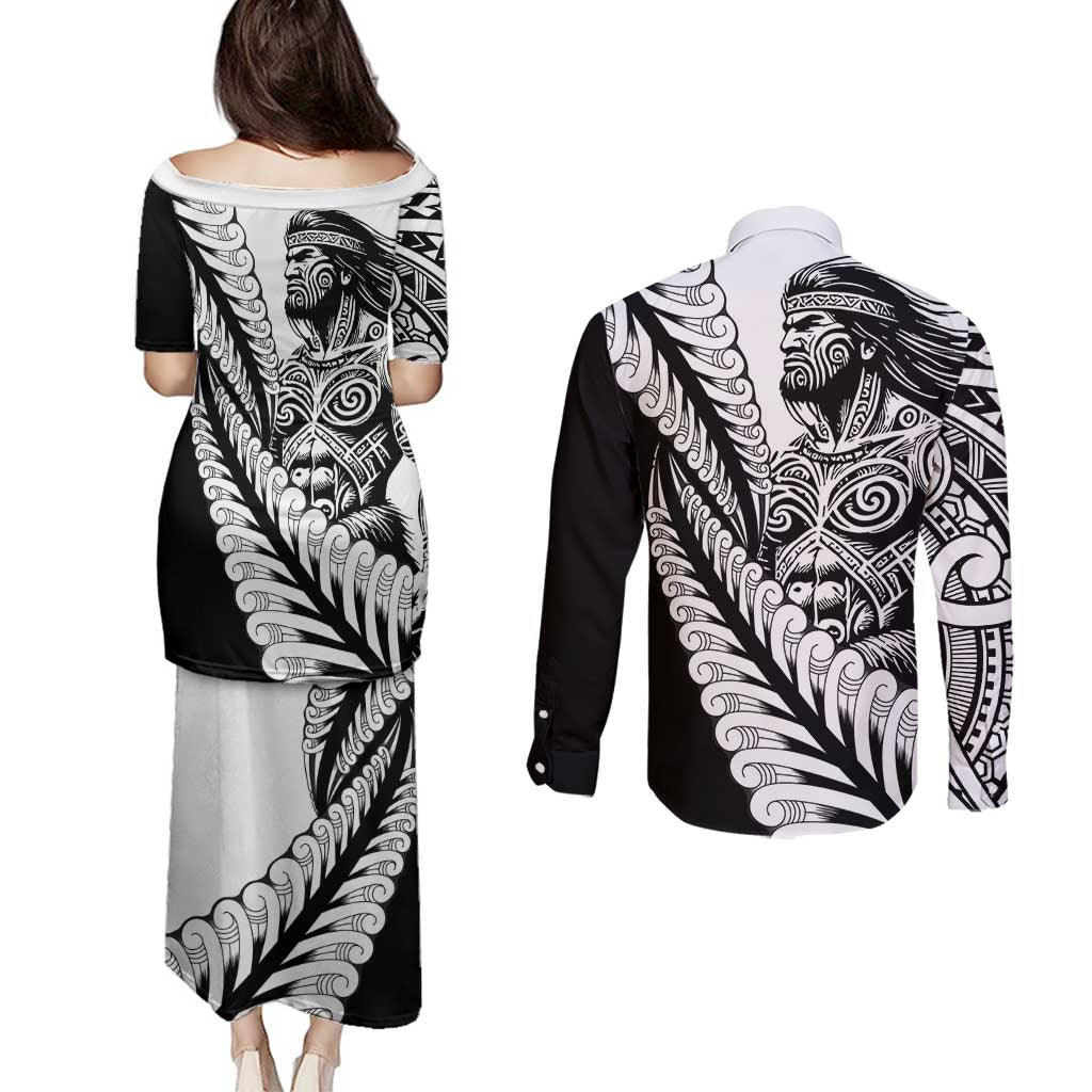 Koru Fern New Zealand Maori Tribal Warrior Couples Matching Puletasi and Long Sleeve Button Shirt
