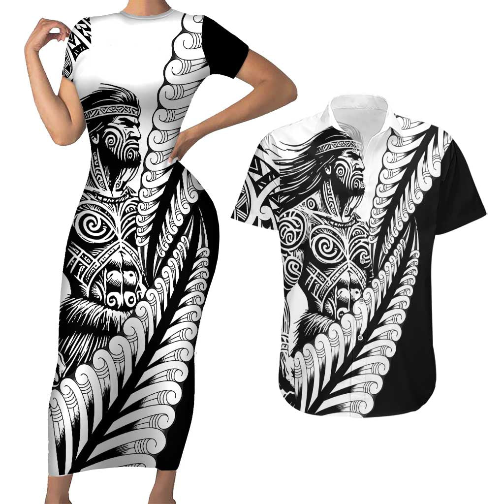 Koru Fern New Zealand Maori Tribal Warrior Couples Matching Short Sleeve Bodycon Dress and Hawaiian Shirt