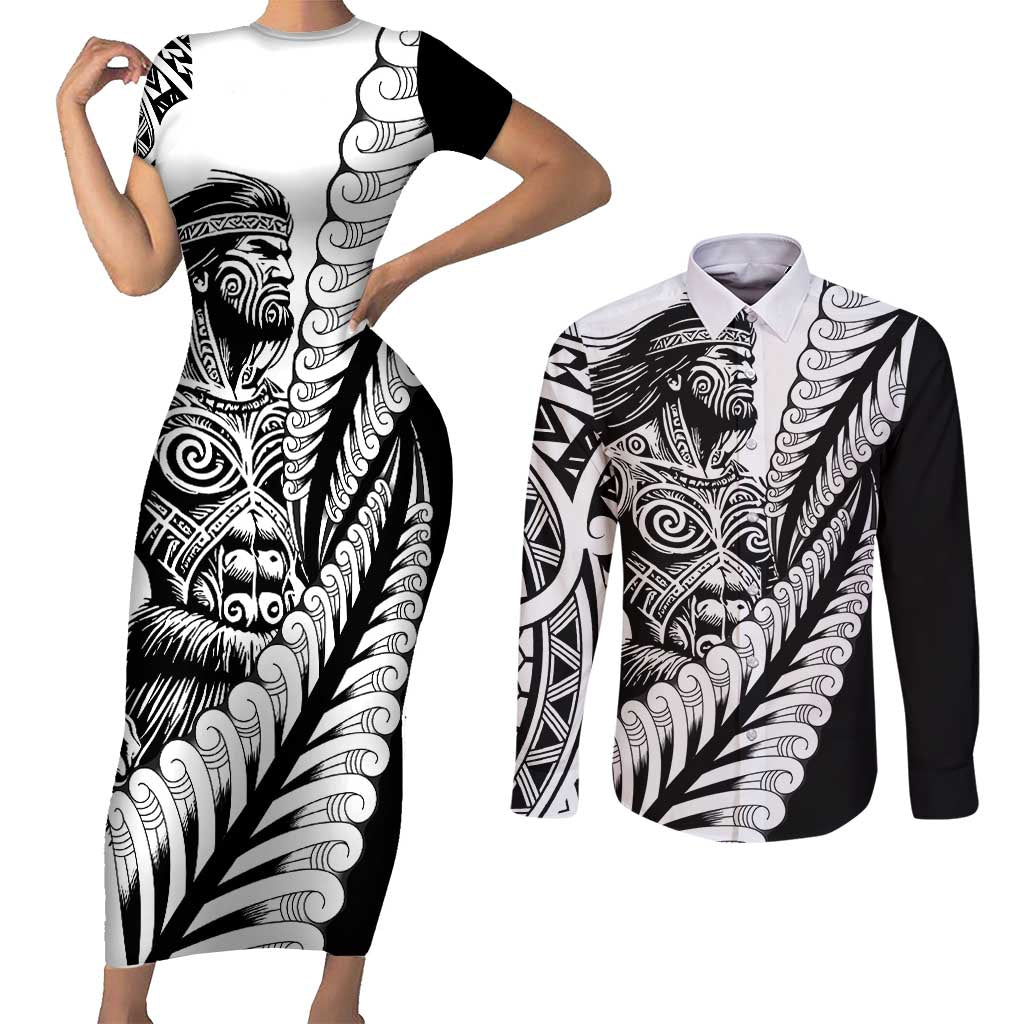 Koru Fern New Zealand Maori Tribal Warrior Couples Matching Short Sleeve Bodycon Dress and Long Sleeve Button Shirt