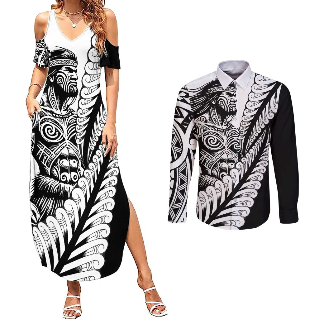 Koru Fern New Zealand Maori Tribal Warrior Couples Matching Summer Maxi Dress and Long Sleeve Button Shirt