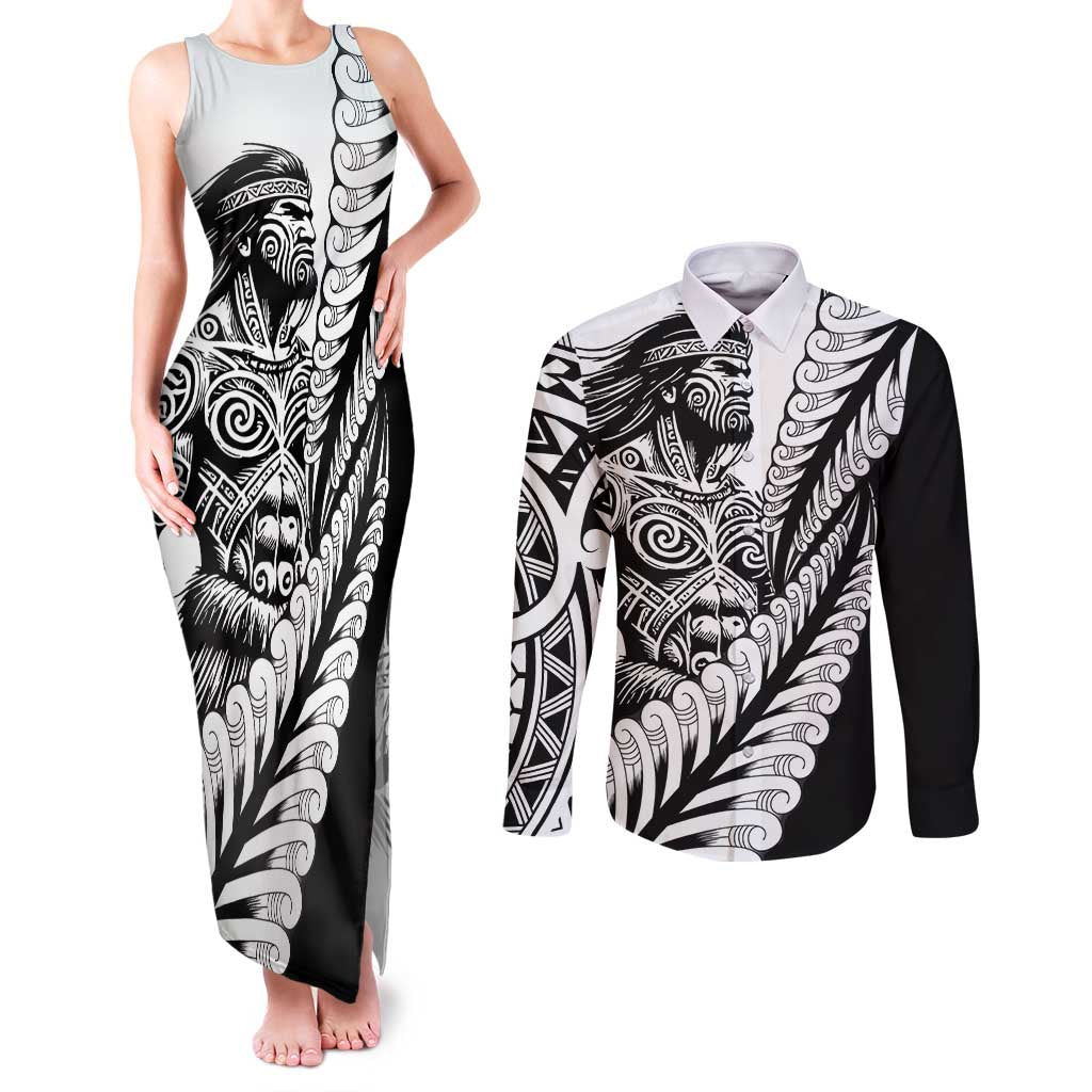 Koru Fern New Zealand Maori Tribal Warrior Couples Matching Tank Maxi Dress and Long Sleeve Button Shirt