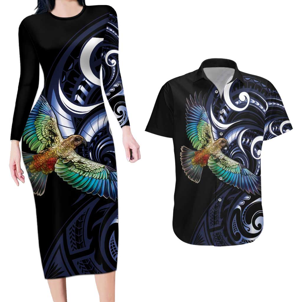 New Zealand Kea Bird Personalised Couples Matching Long Sleeve Bodycon Dress and Hawaiian Shirt Maori Tribal Koru Art