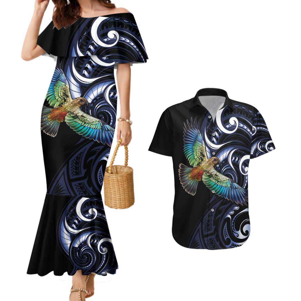 New Zealand Kea Bird Personalised Couples Matching Mermaid Dress and Hawaiian Shirt Maori Tribal Koru Art