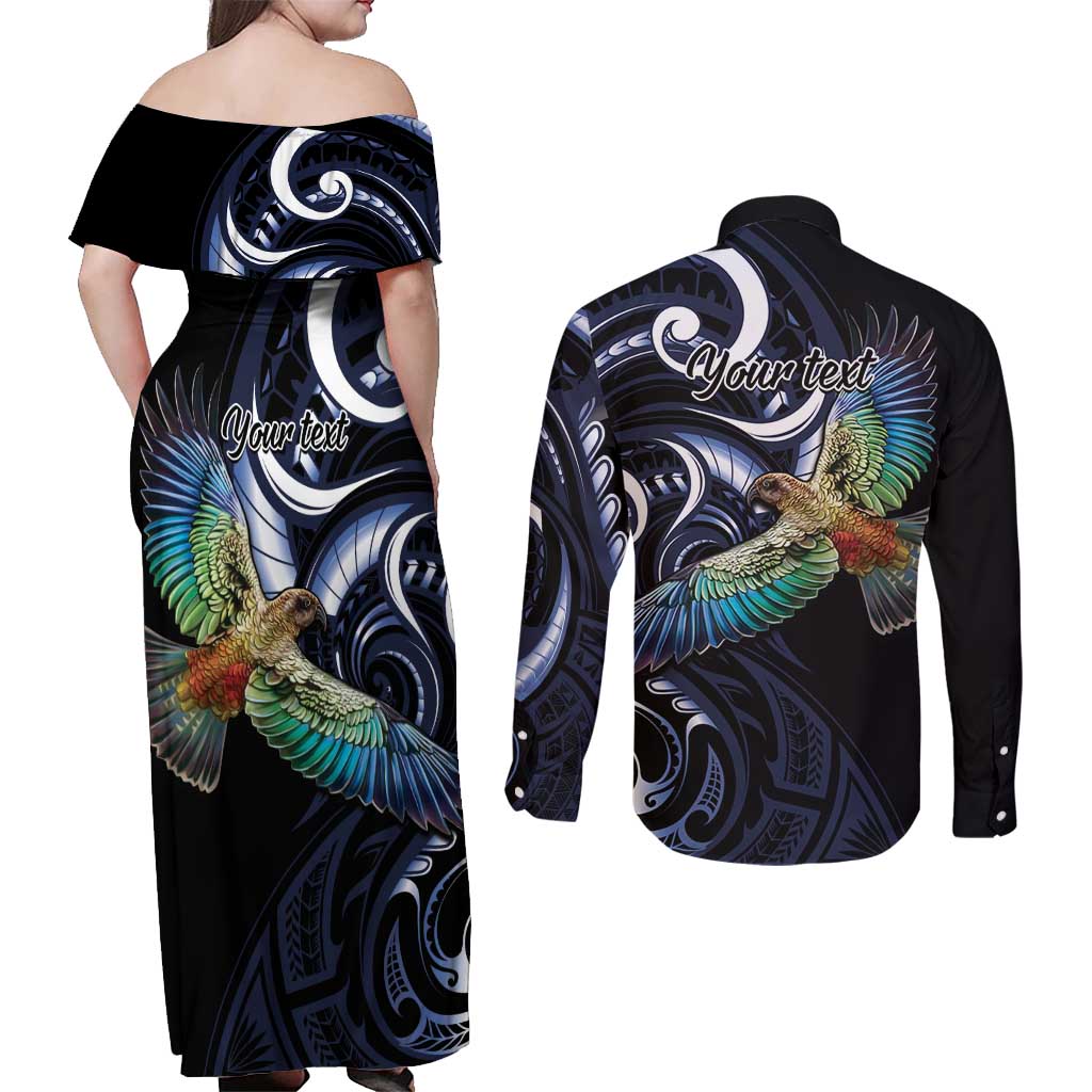 New Zealand Kea Bird Personalised Couples Matching Off Shoulder Maxi Dress and Long Sleeve Button Shirt Maori Tribal Koru Art