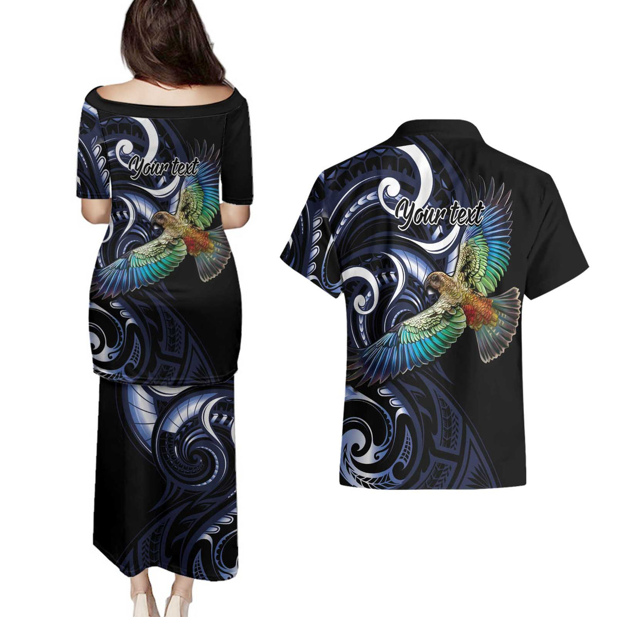 New Zealand Kea Bird Personalised Couples Matching Puletasi and Hawaiian Shirt Maori Tribal Koru Art