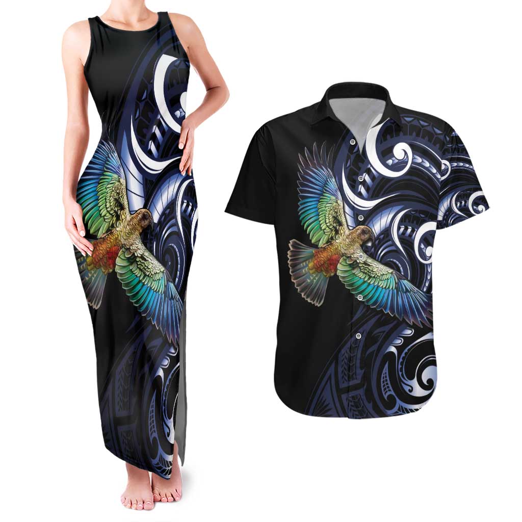 New Zealand Kea Bird Personalised Couples Matching Tank Maxi Dress and Hawaiian Shirt Maori Tribal Koru Art