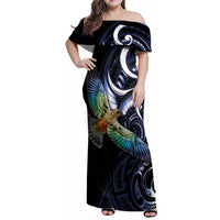 New Zealand Kea Bird Personalised Family Matching Off Shoulder Maxi Dress and Hawaiian Shirt Maori Tribal Koru Art