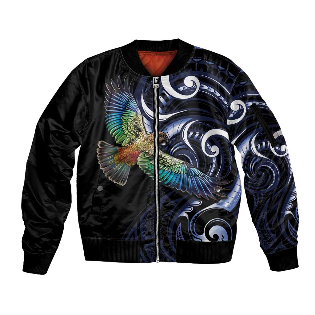 New Zealand Kea Bird Personalised Sleeve Zip Bomber Jacket Maori Tribal Koru Art