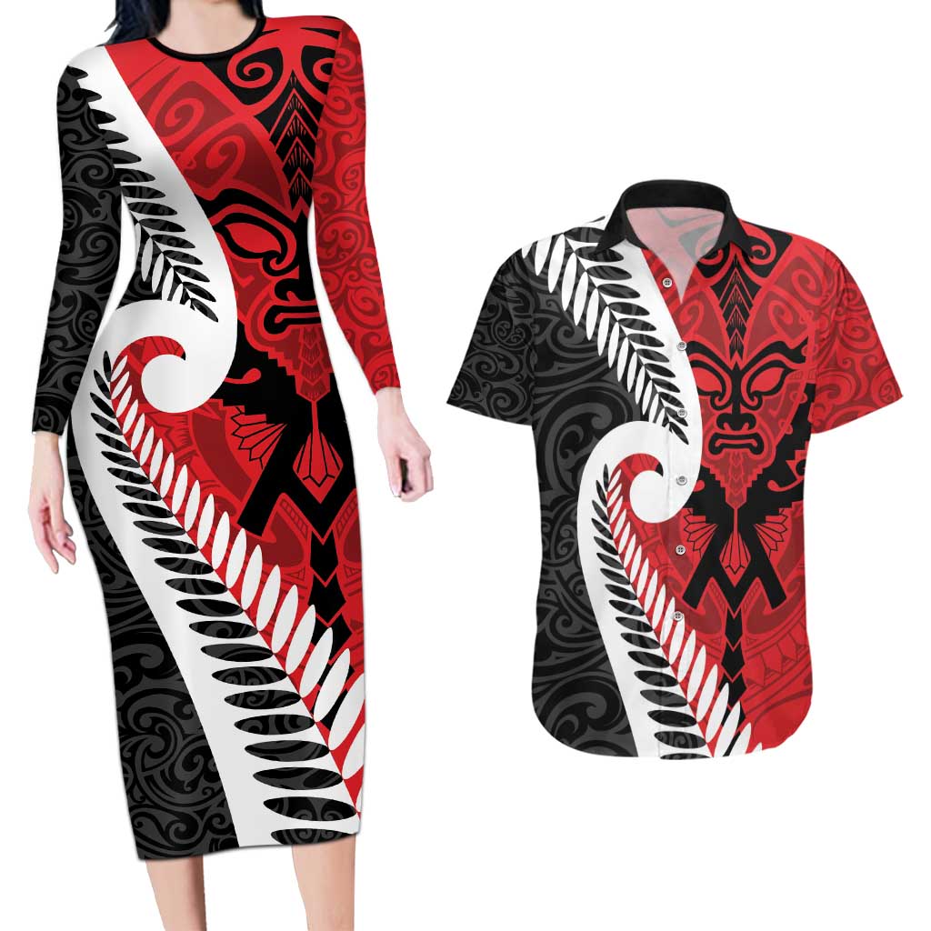 Silver Fern Koru Swirls with Maori Ta Moko Couples Matching Long Sleeve Bodycon Dress and Hawaiian Shirt