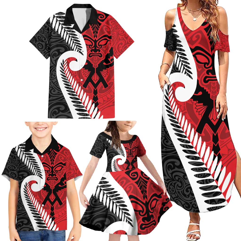 Silver Fern Koru Swirls with Maori Ta Moko Family Matching Summer Maxi Dress and Hawaiian Shirt