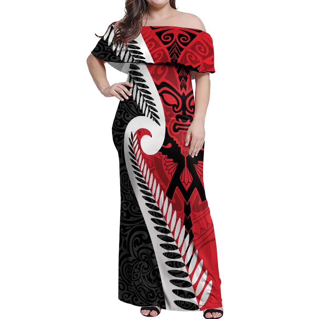 Silver Fern Koru Swirls with Maori Ta Moko Off Shoulder Maxi Dress LT9 Women Red - Polynesian Pride
