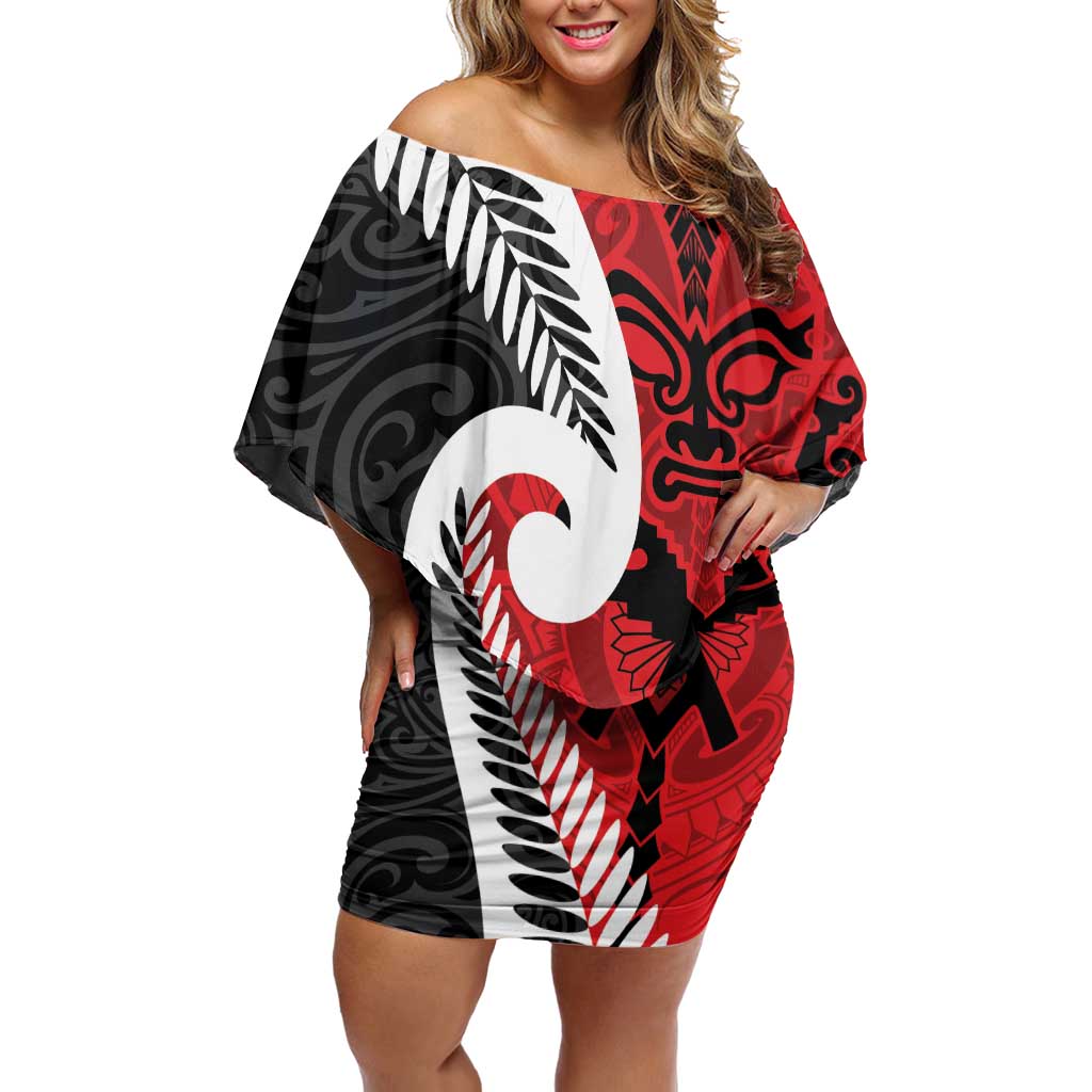 Silver Fern Koru Swirls with Maori Ta Moko Off Shoulder Short Dress