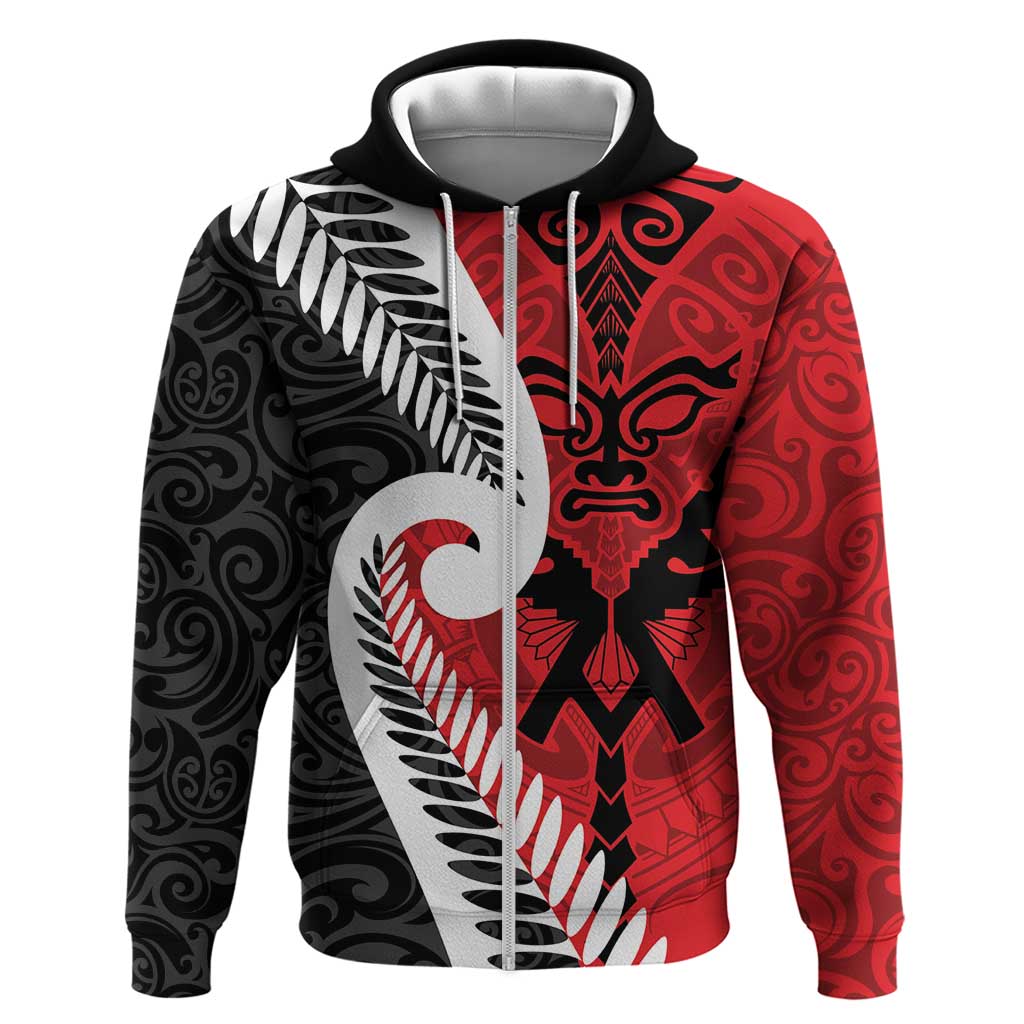 Silver Fern Koru Swirls with Maori Ta Moko Zip Hoodie LT9 Zip Hoodie Red - Polynesian Pride