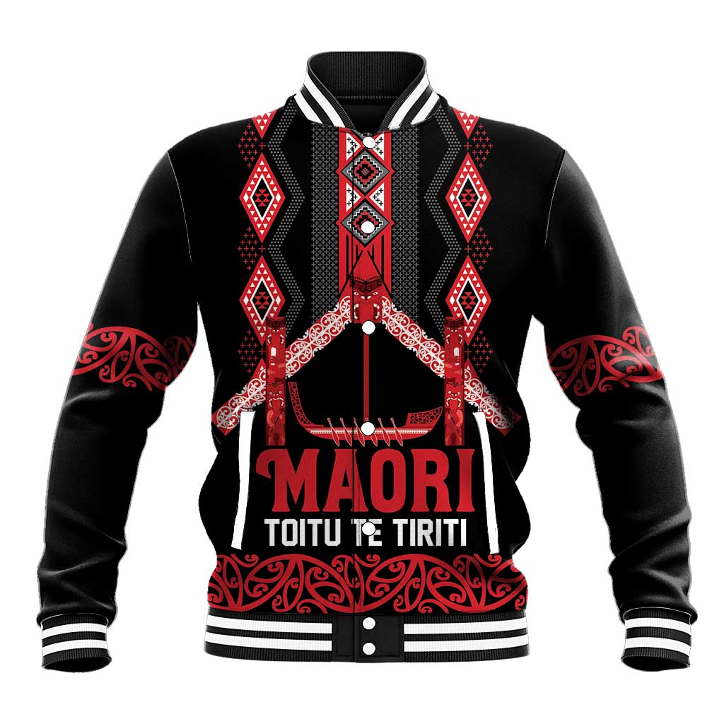 Toitu Te Tiriti Waitangi Baseball Jacket Black Wharenui House - Polynesian Pride