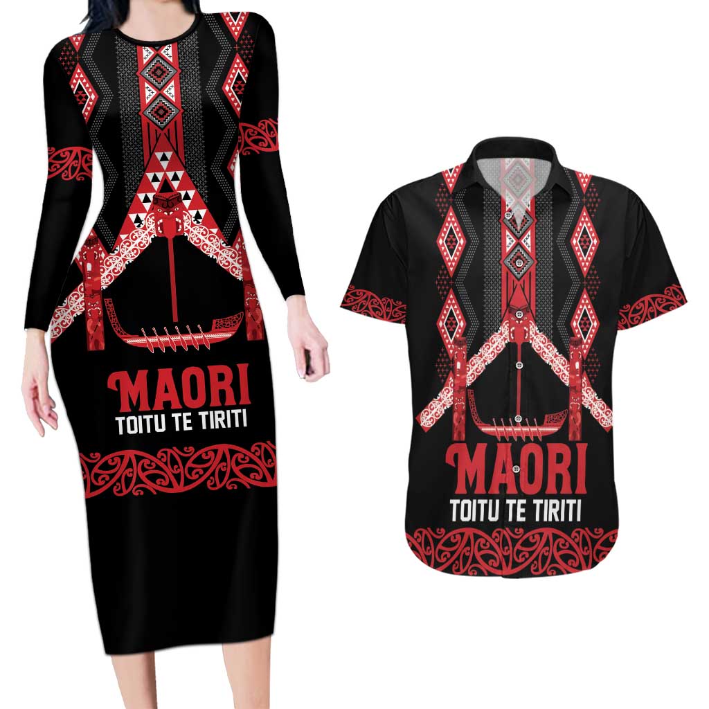 Toitu Te Tiriti Waitangi Couples Matching Long Sleeve Bodycon Dress and Hawaiian Shirt Black Wharenui House LT9 Black - Polynesian Pride