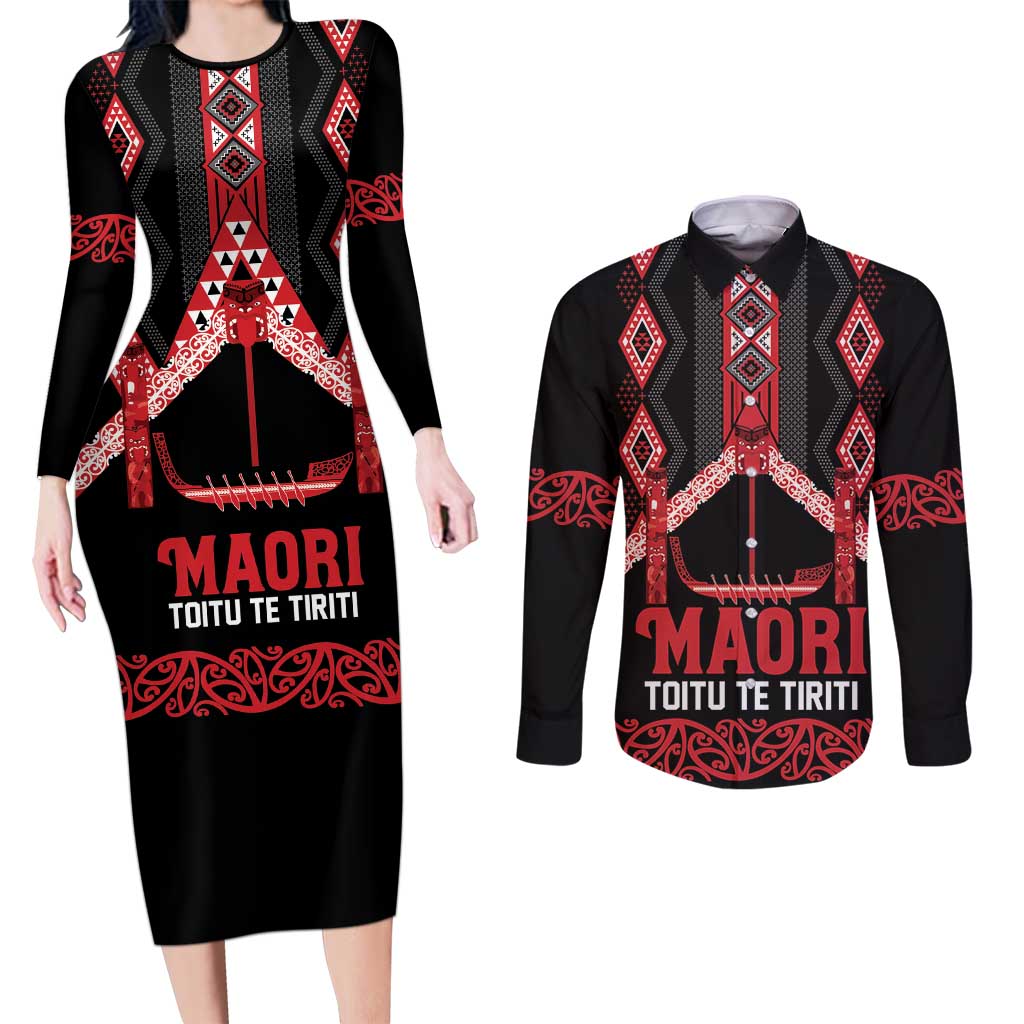 Toitu Te Tiriti Waitangi Couples Matching Long Sleeve Bodycon Dress and Long Sleeve Button Shirt Black Wharenui House LT9 Black - Polynesian Pride