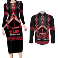 Toitu Te Tiriti Waitangi Couples Matching Long Sleeve Bodycon Dress and Long Sleeve Button Shirt Black Wharenui House LT9 Black - Polynesian Pride